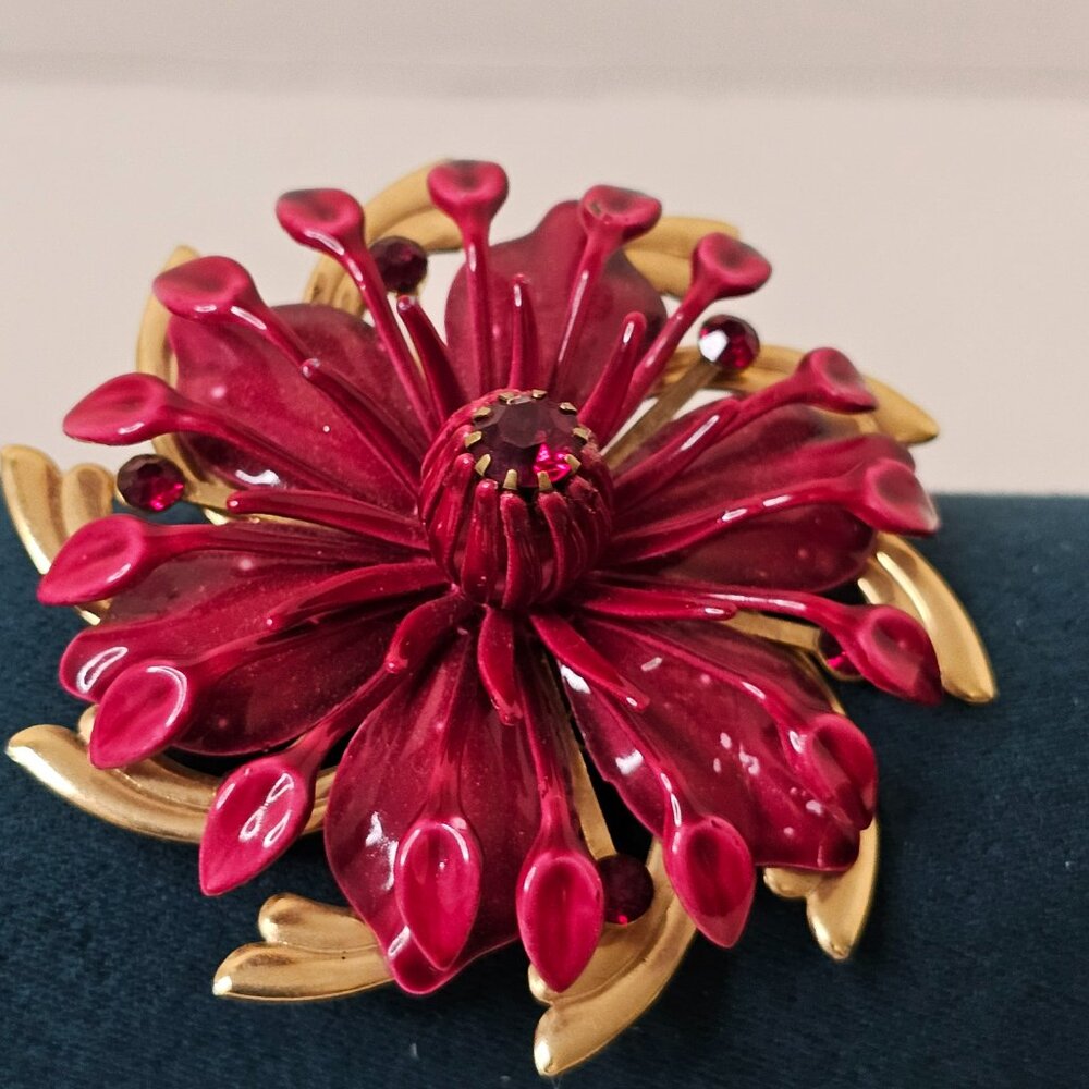 Gold Tone Metal Red Burgundy Flower Brooch Red Rhinestone Pin Unmarked